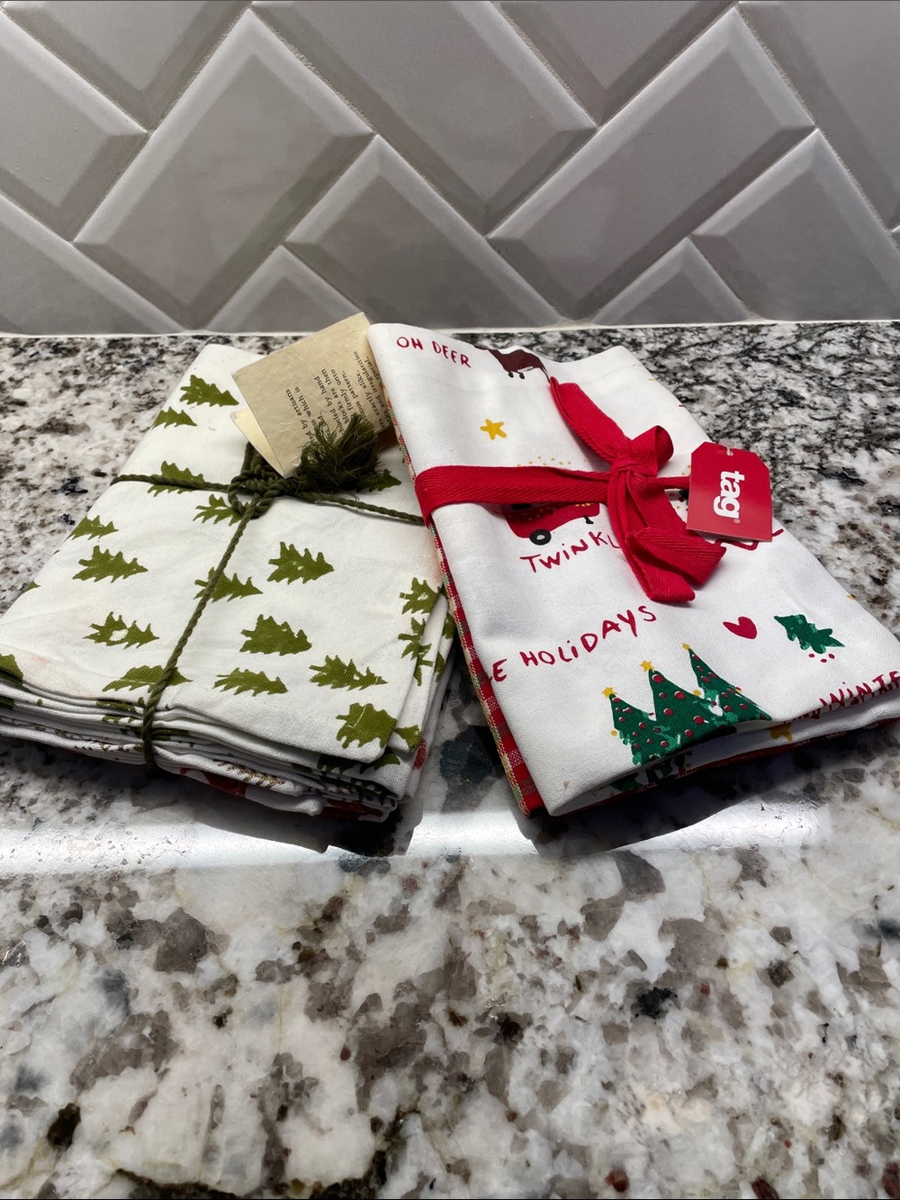 Tag Holiday Kitchen Towels - White with Green & Red Tree Prints new x2